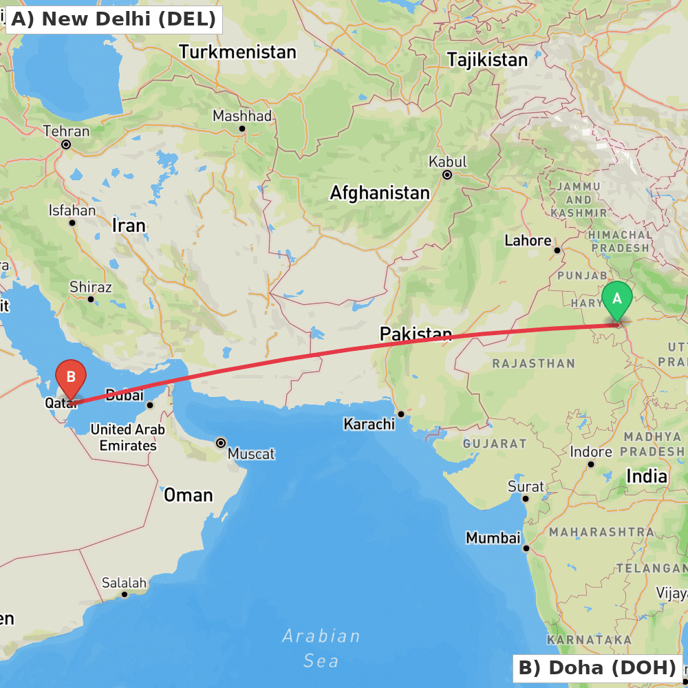Flight route map from New Delhi to Doha