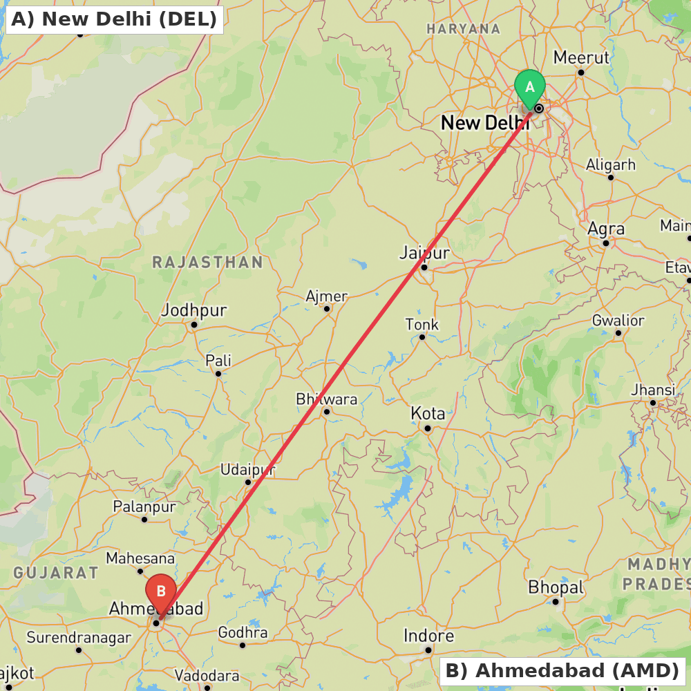 Flight route map from New Delhi to Ahmedabad