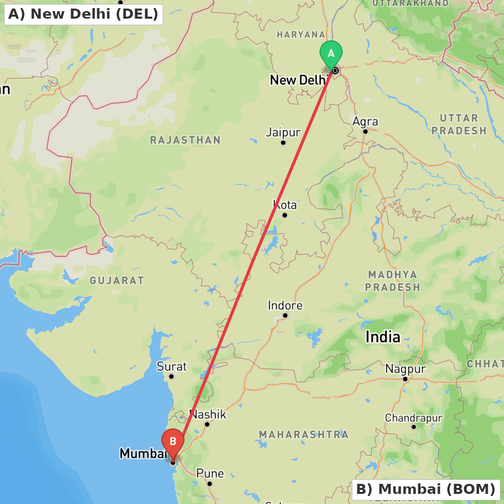 Flight route map from New Delhi to Mumbai