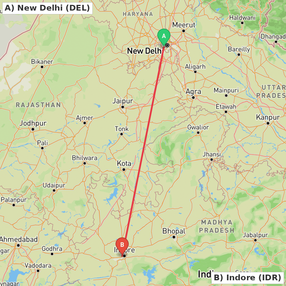 Flight route map from New Delhi to Indore