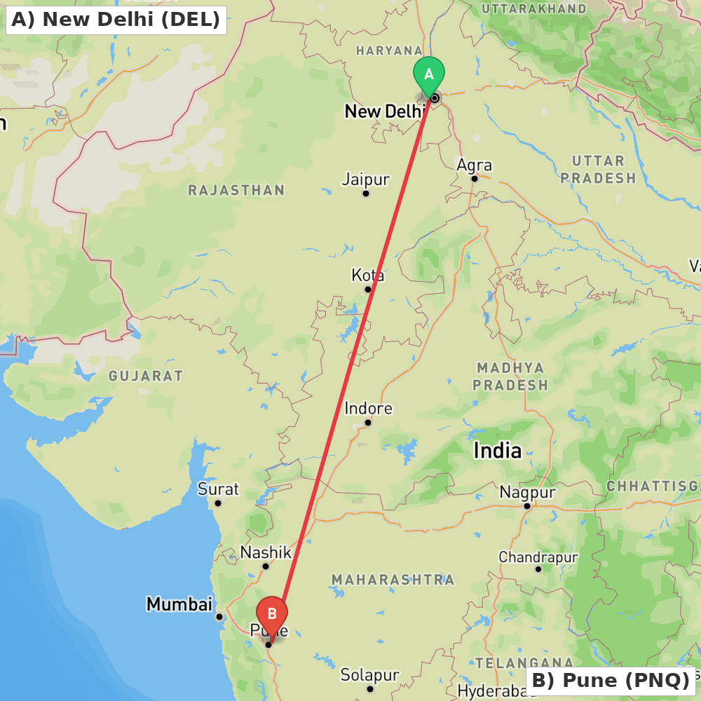 Flight route map from New Delhi to Pune