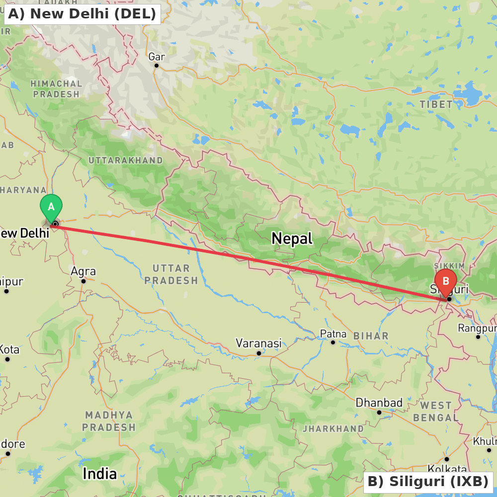 Flight route map from New Delhi to Siliguri