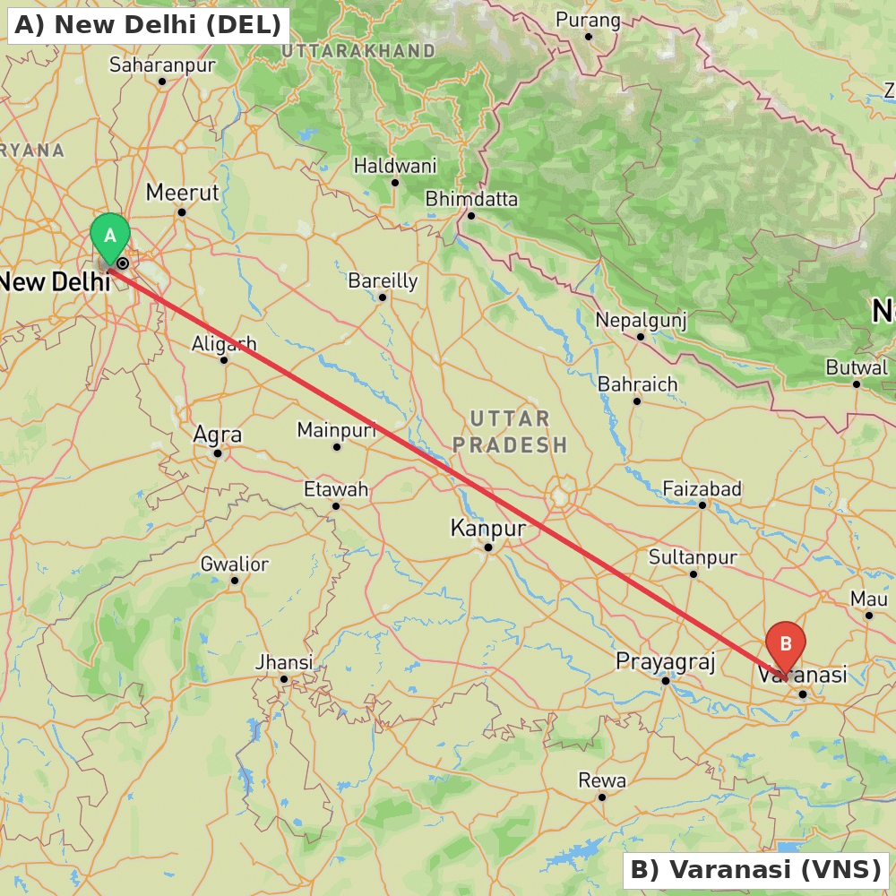 Flight route map from New Delhi to Varanasi