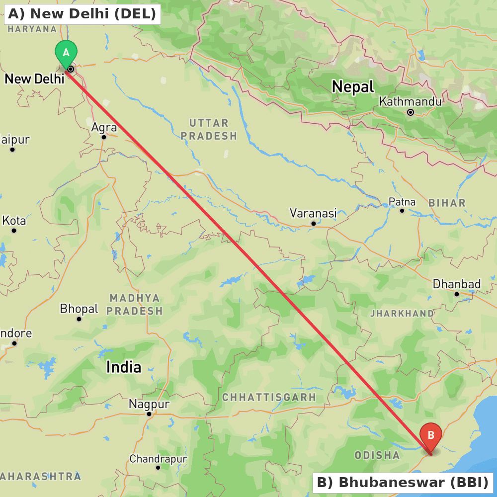 Flight route map from New Delhi to Bhubaneswar