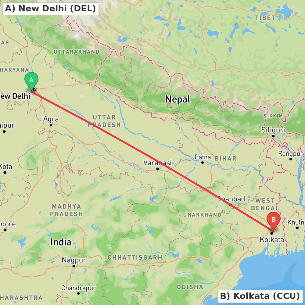 Flight route map from New Delhi to Kolkata