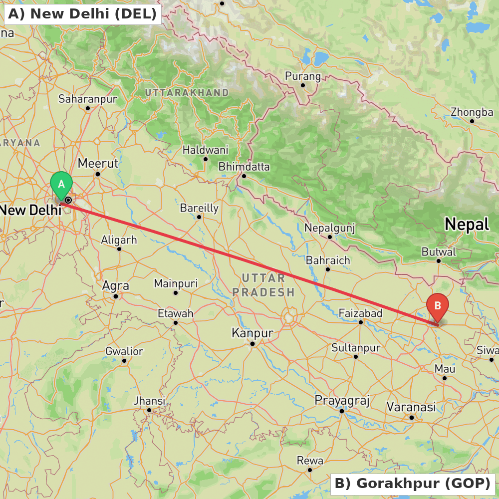Flight route map from New Delhi to Gorakhpur