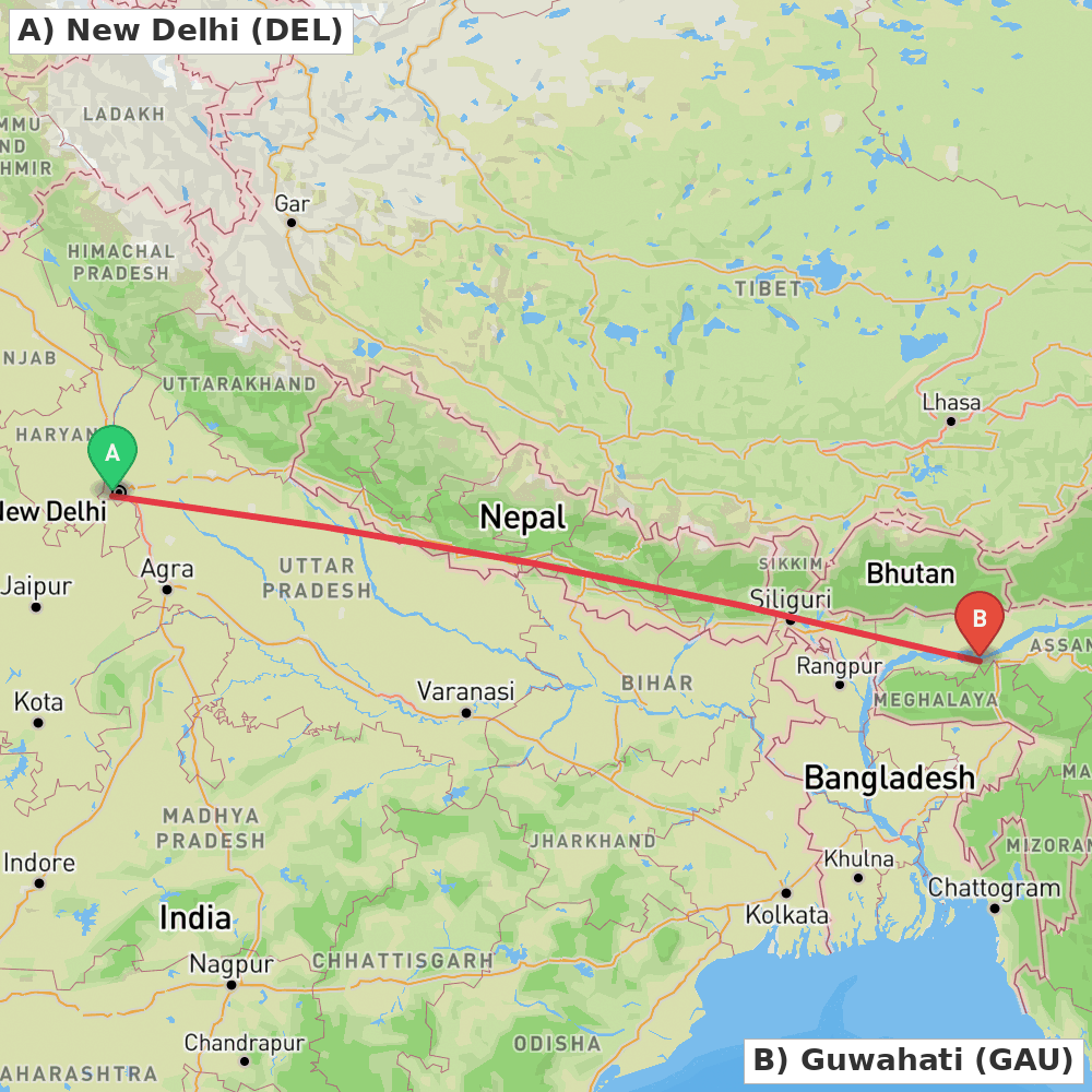 Flight route map from New Delhi to Guwahati