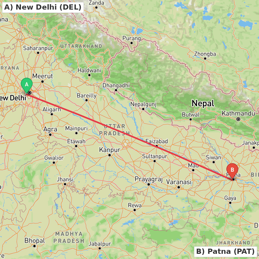 Flight route map from New Delhi to Patna