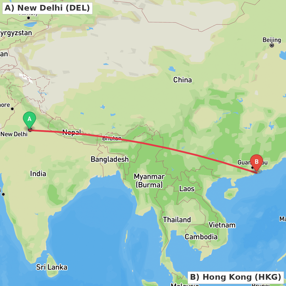 Flight route map from New Delhi to Hong Kong