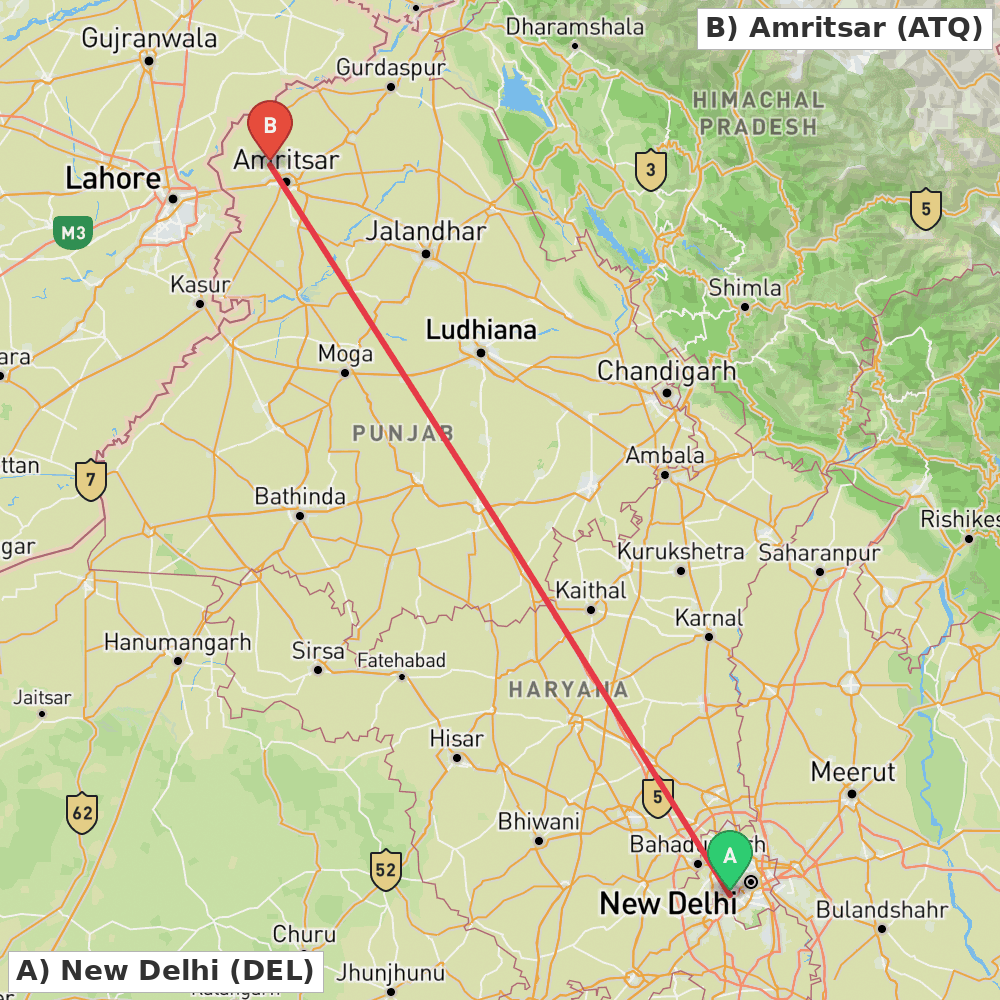 Flight route map from New Delhi to Amritsar
