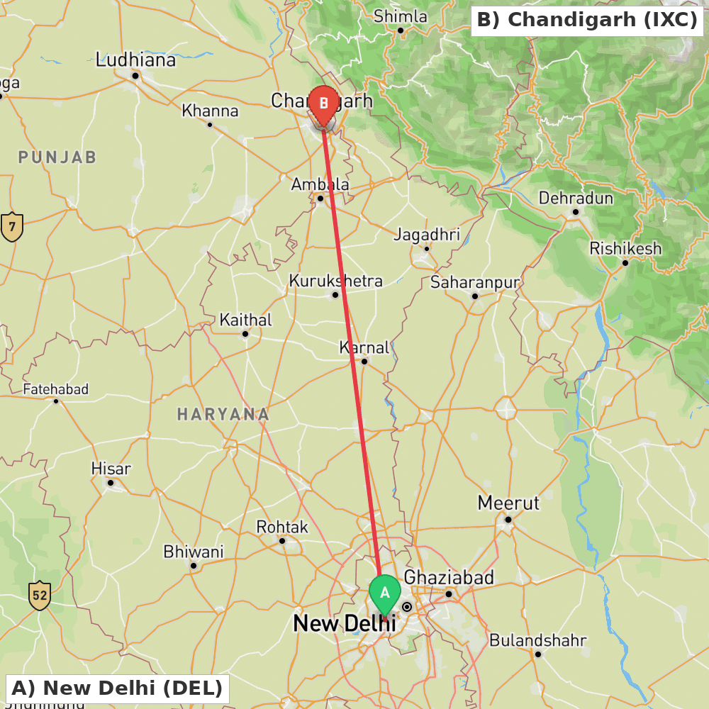Flight route map from New Delhi to Chandigarh