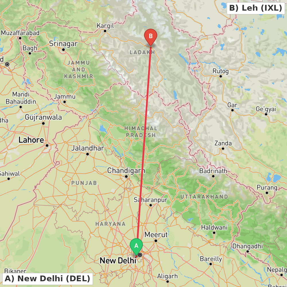 Flight route map from New Delhi to Leh