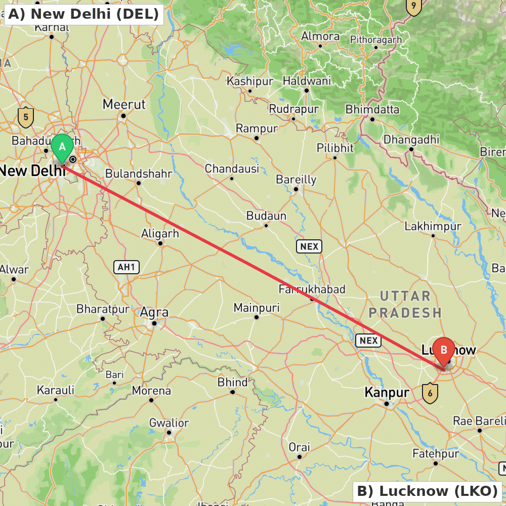 Flight route map from New Delhi to Lucknow