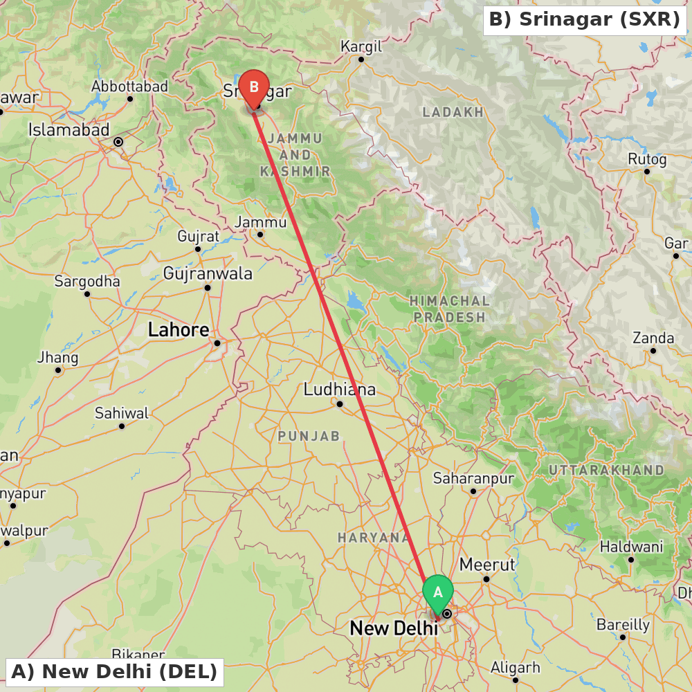 Flight route map from New Delhi to Srinagar
