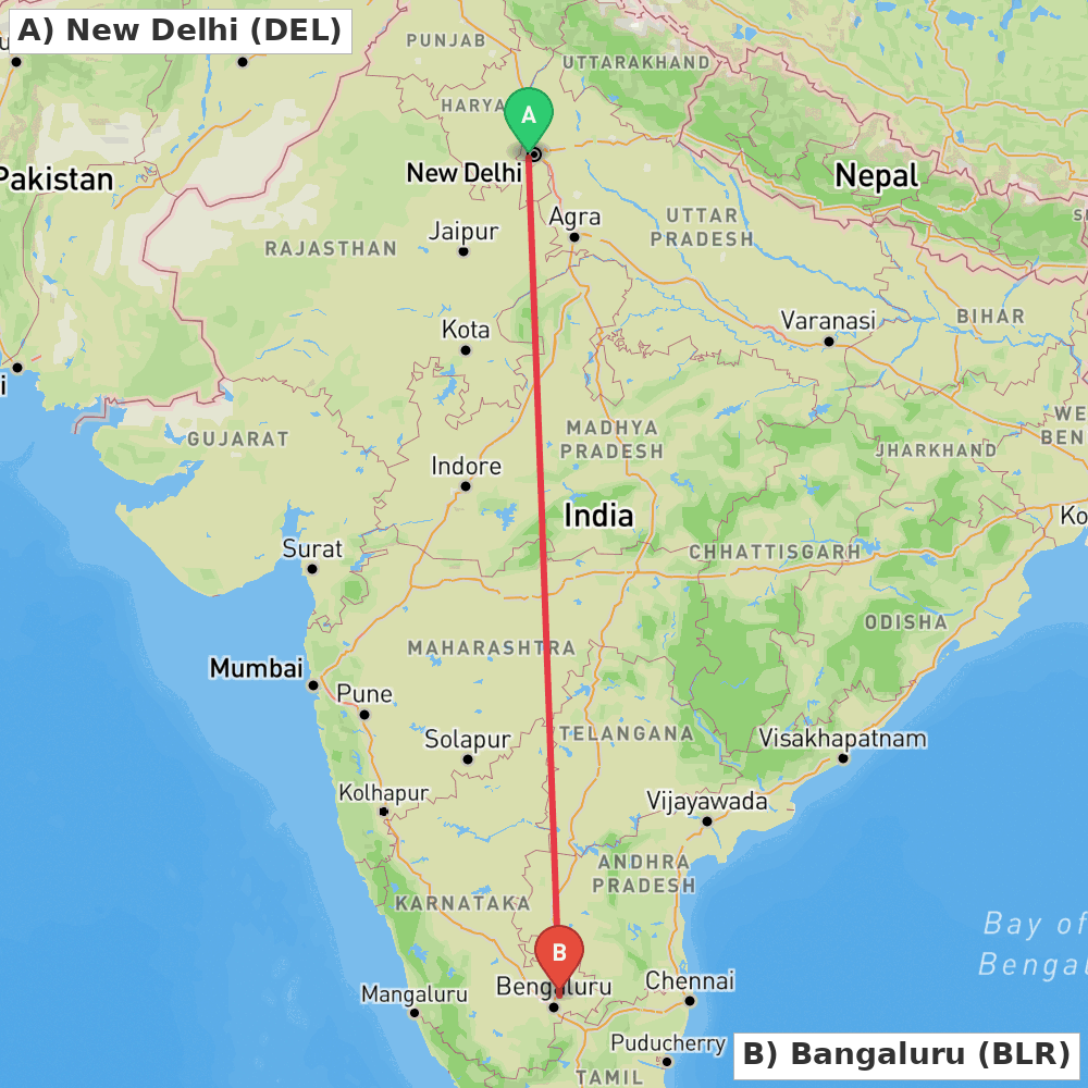 Flight route map from New Delhi to Bangaluru