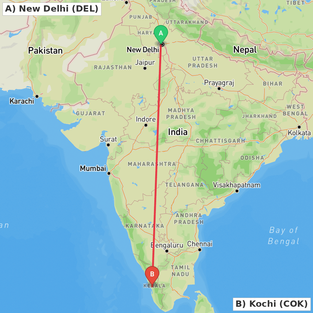 Flight route map from New Delhi to Kochi