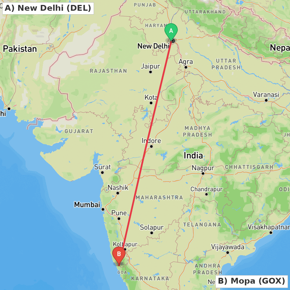 Flight route map from New Delhi to Mopa