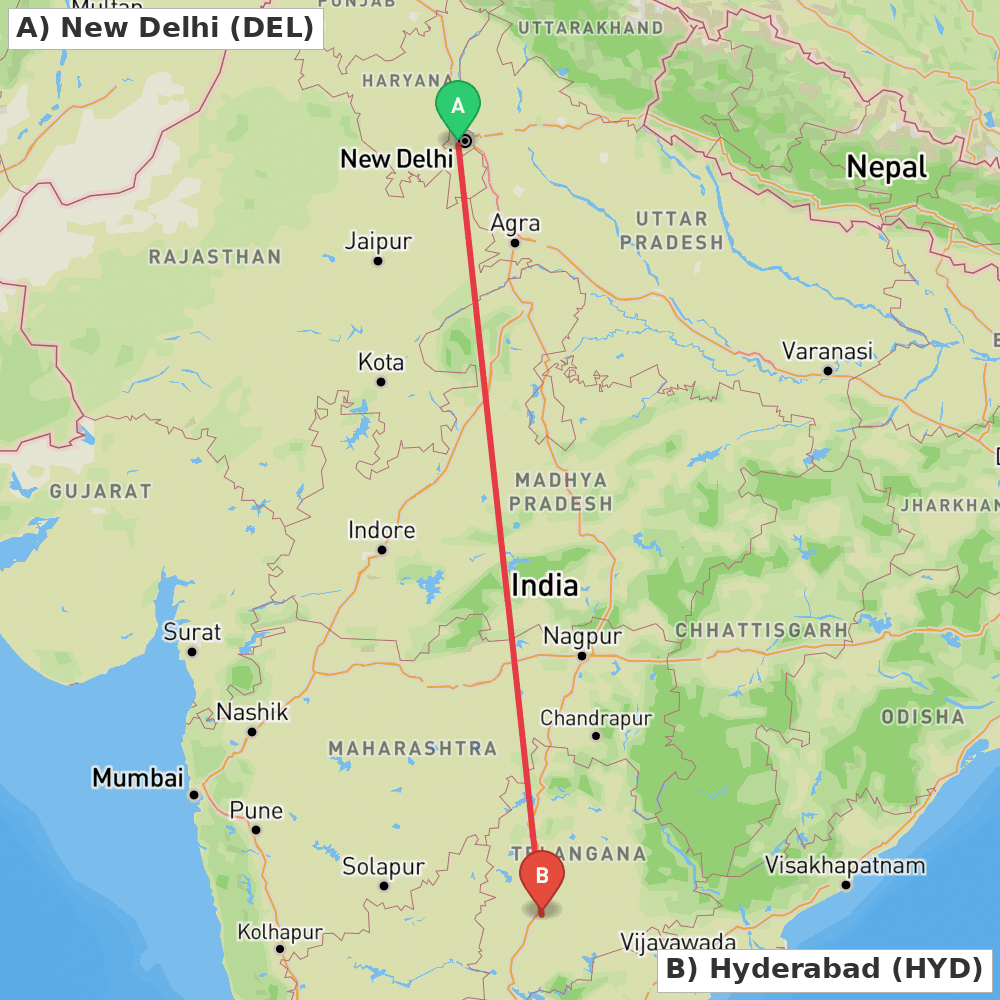 Flight route map from New Delhi to Hyderabad