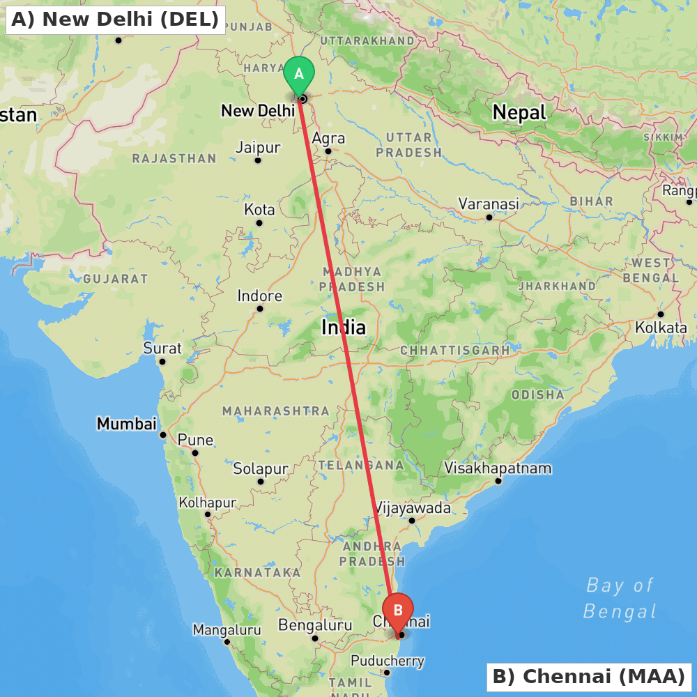 Flight route map from New Delhi to Chennai