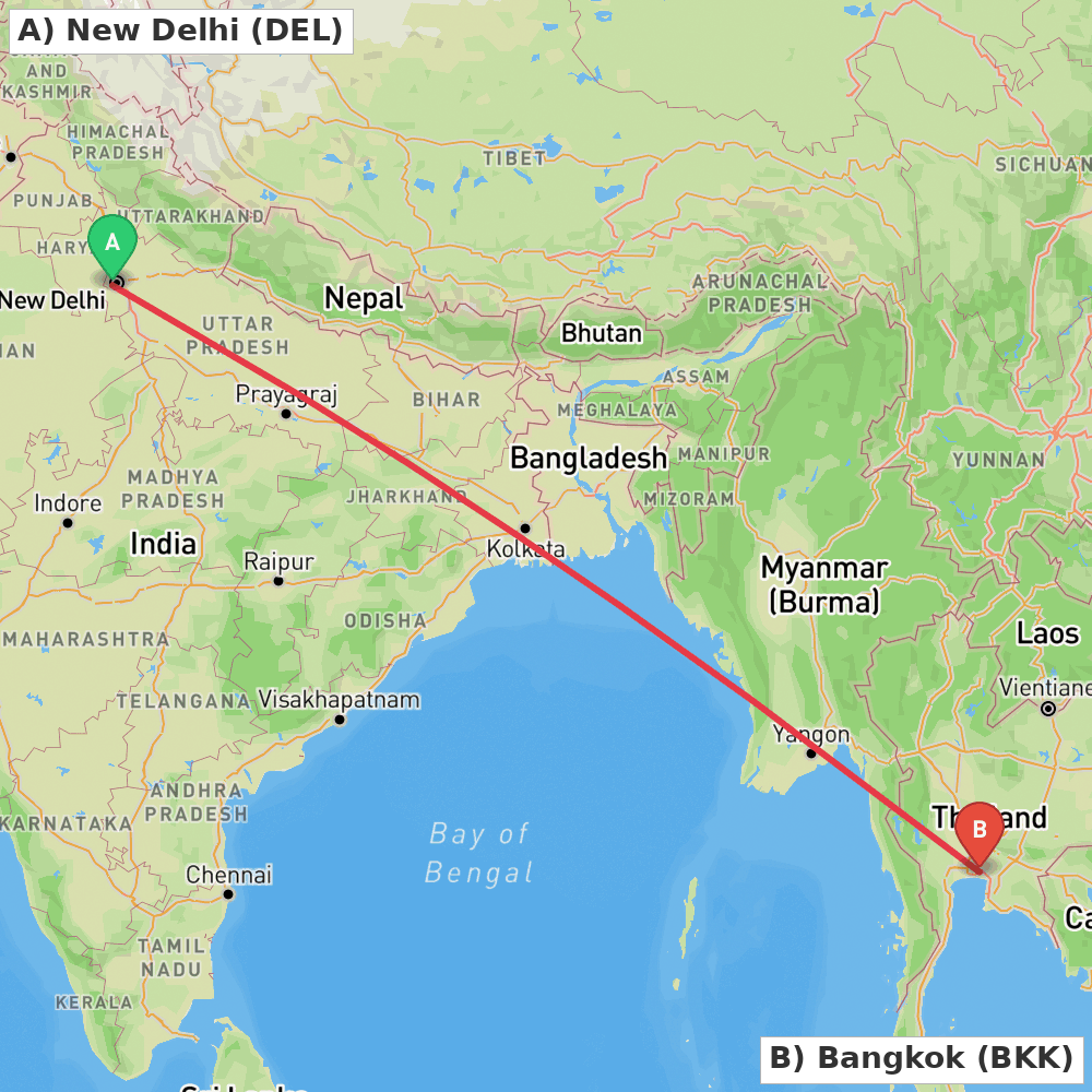 Flight route map from New Delhi to Bangkok