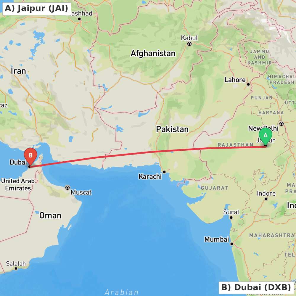 Flight route map from Jaipur to Dubai
