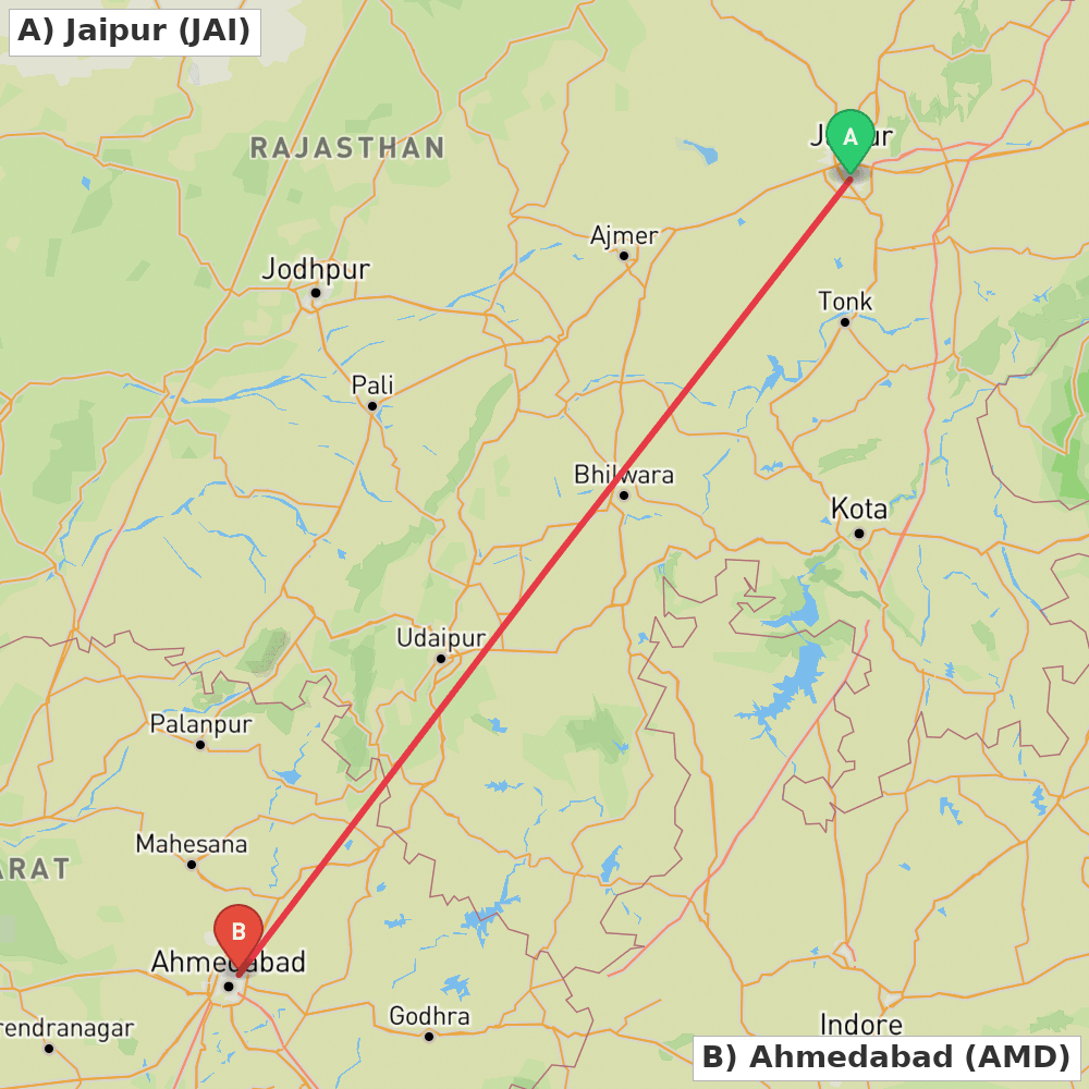 Flight route map from Jaipur to Ahmedabad