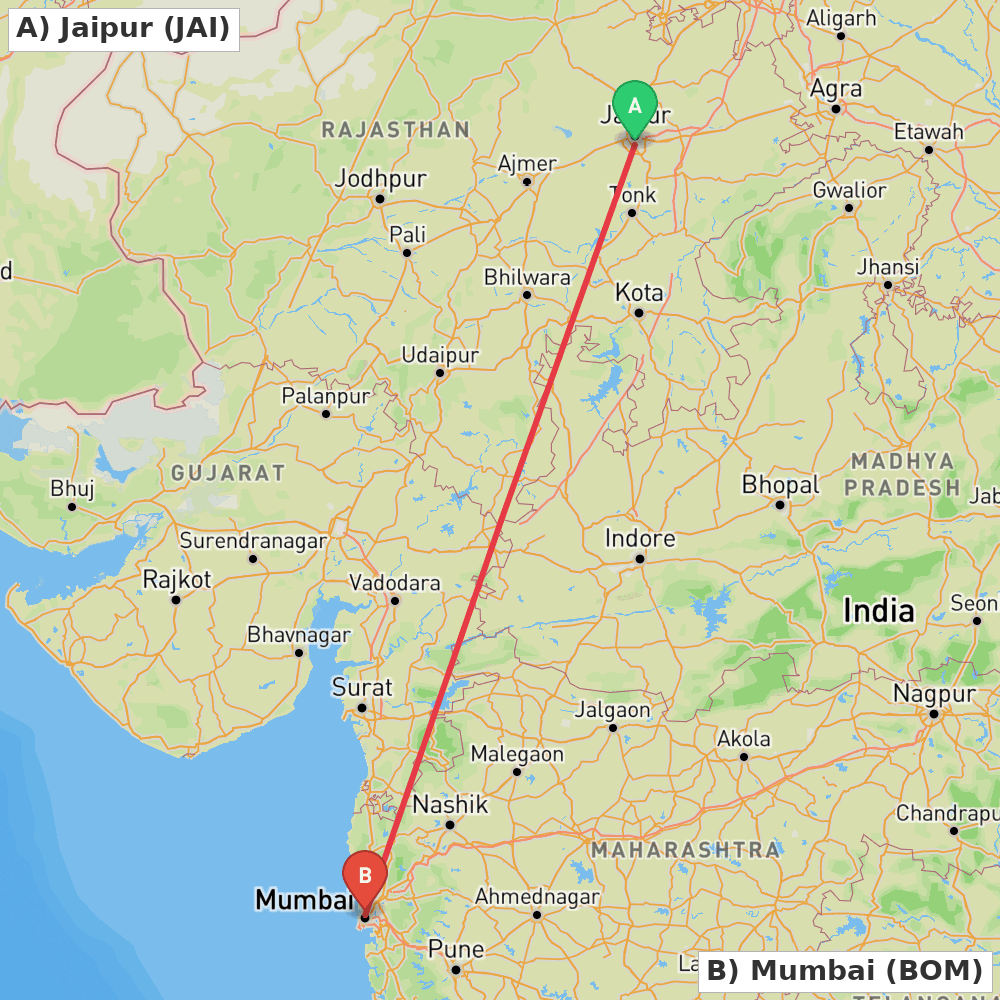 Flight route map from Jaipur to Mumbai