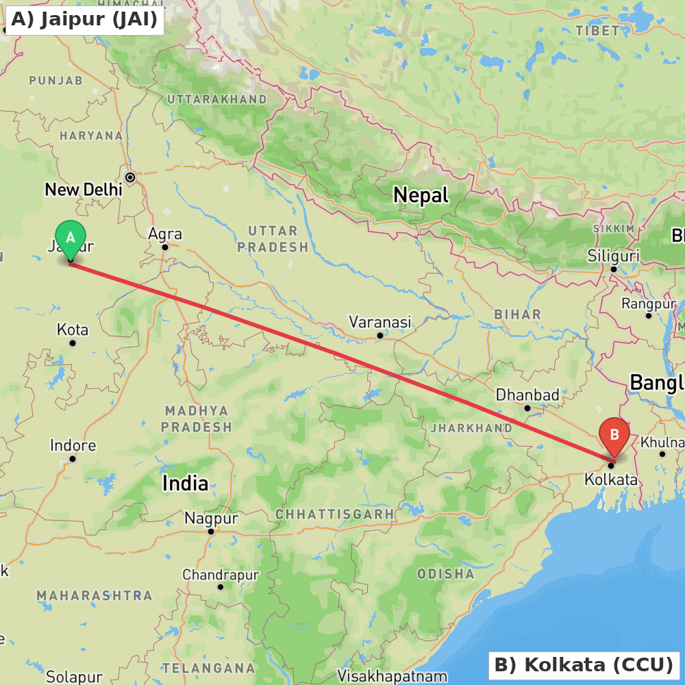 Flight route map from Jaipur to Kolkata