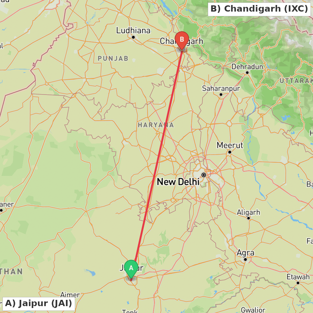 Flight route map from Jaipur to Chandigarh