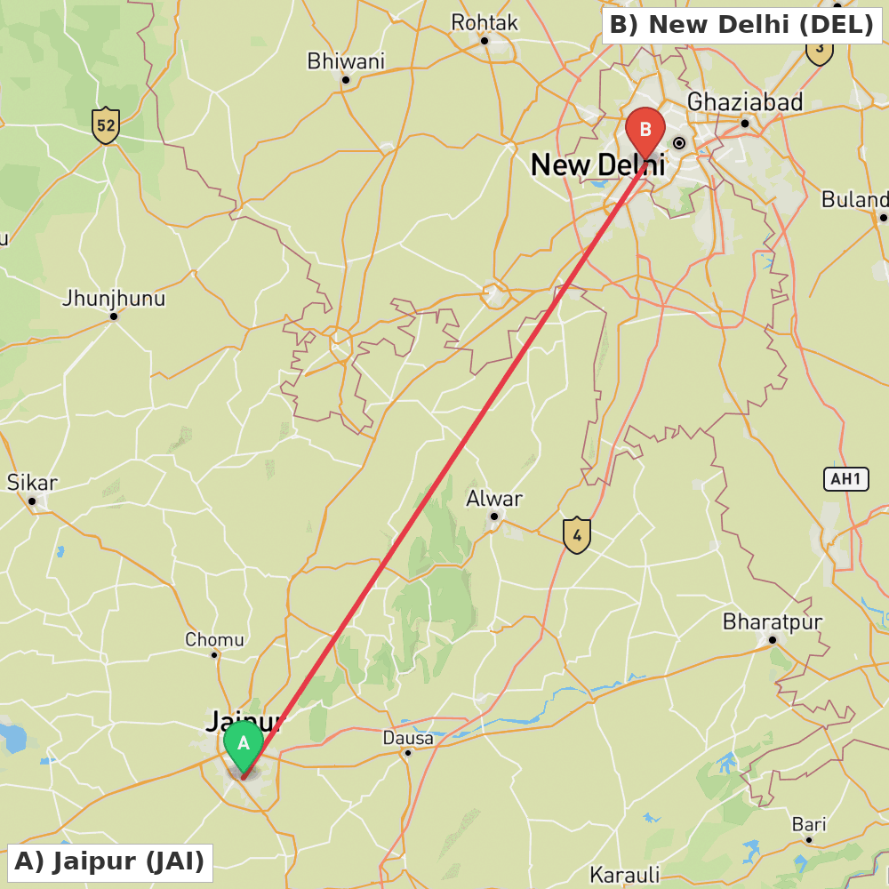 Flight route map from Jaipur to New Delhi