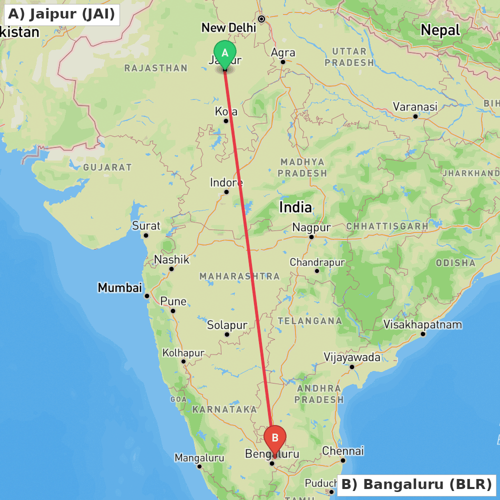 Flight route map from Jaipur to Bangaluru