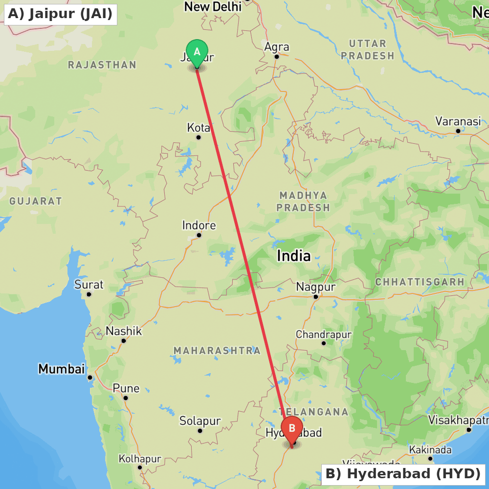 Flight route map from Jaipur to Hyderabad