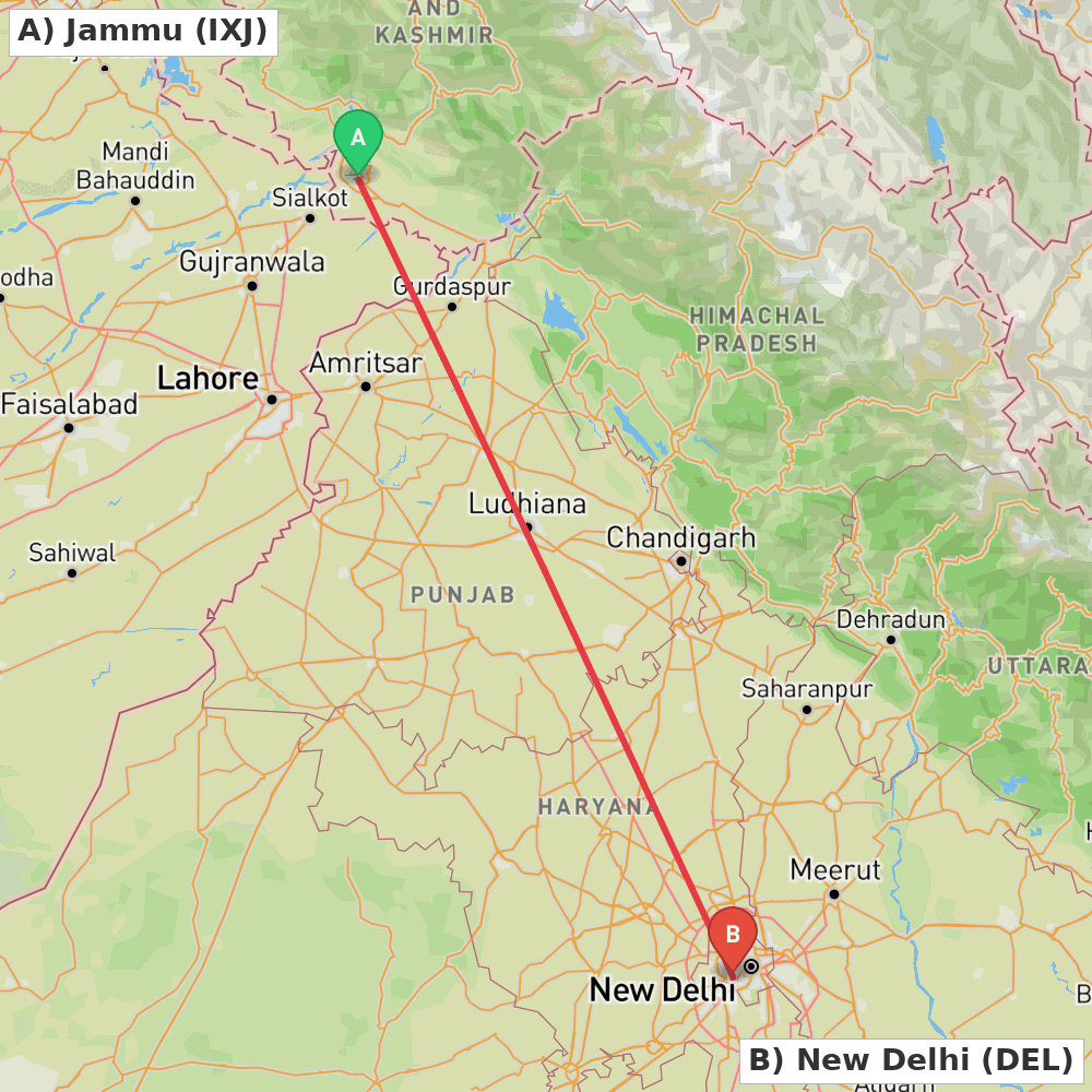 Flight route map from Jammu to New Delhi