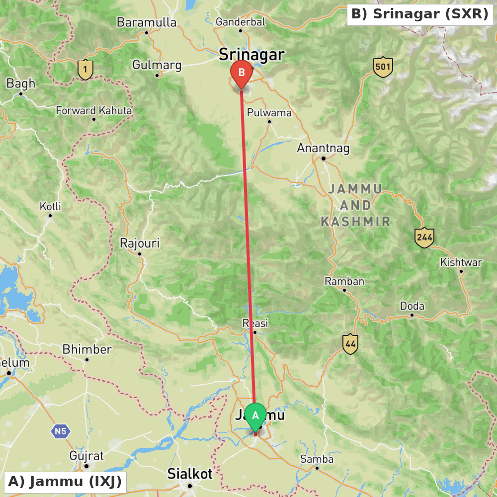 Flight route map from Jammu to Srinagar