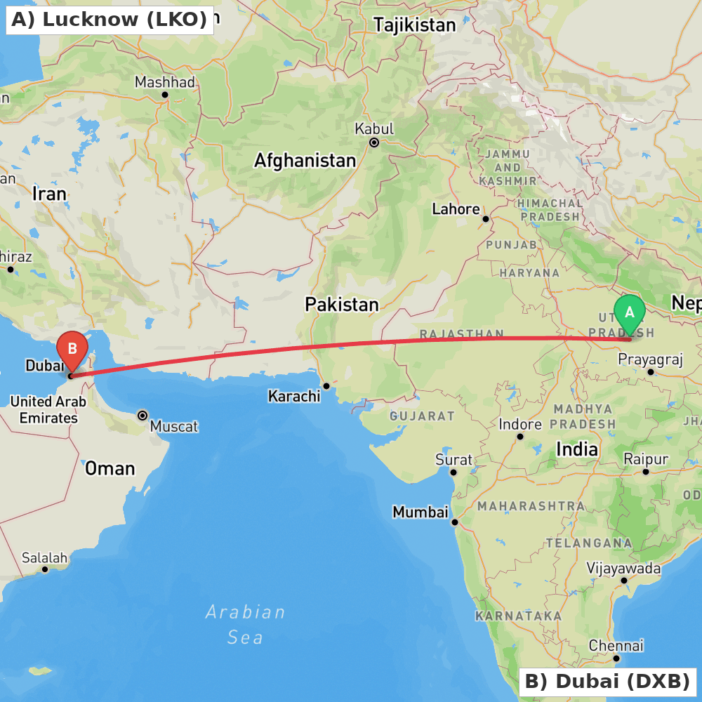 Flight route map from Lucknow to Dubai
