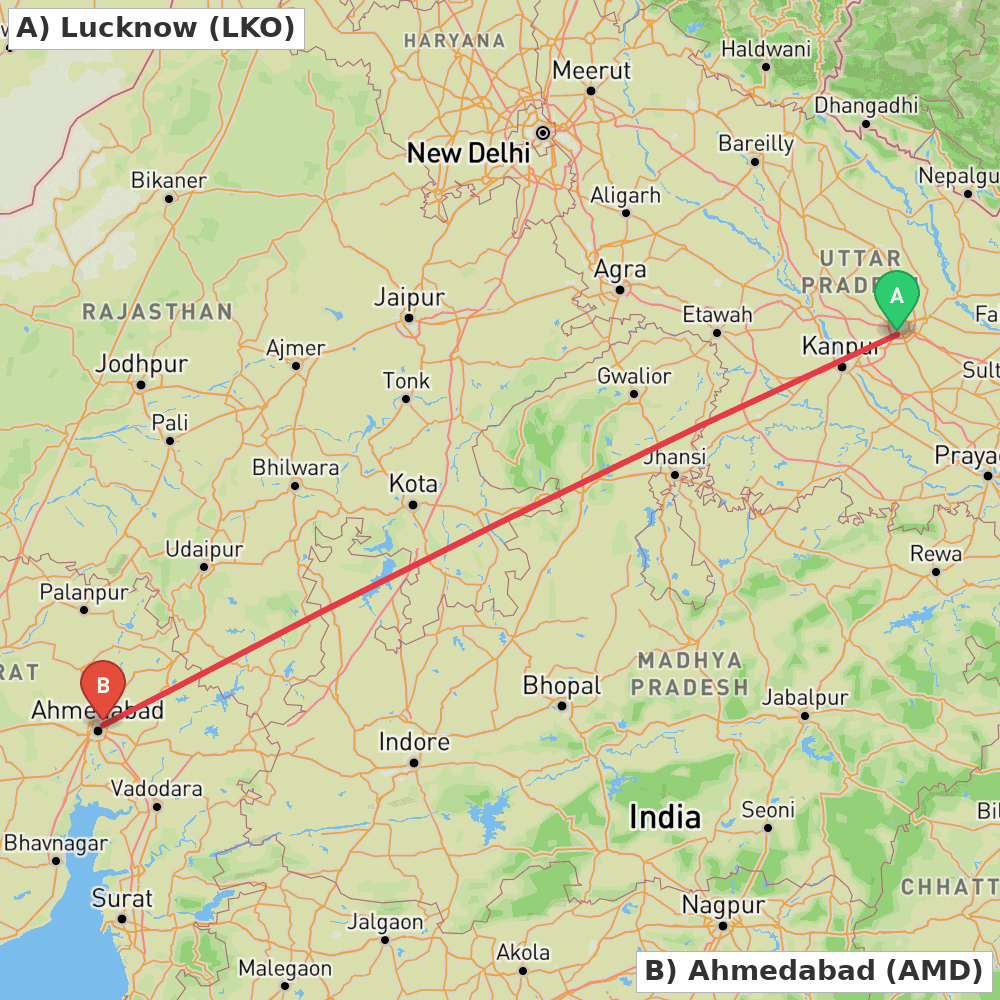Flight route map from Lucknow to Ahmedabad