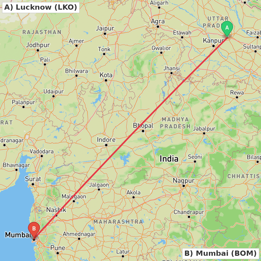 Flight route map from Lucknow to Mumbai
