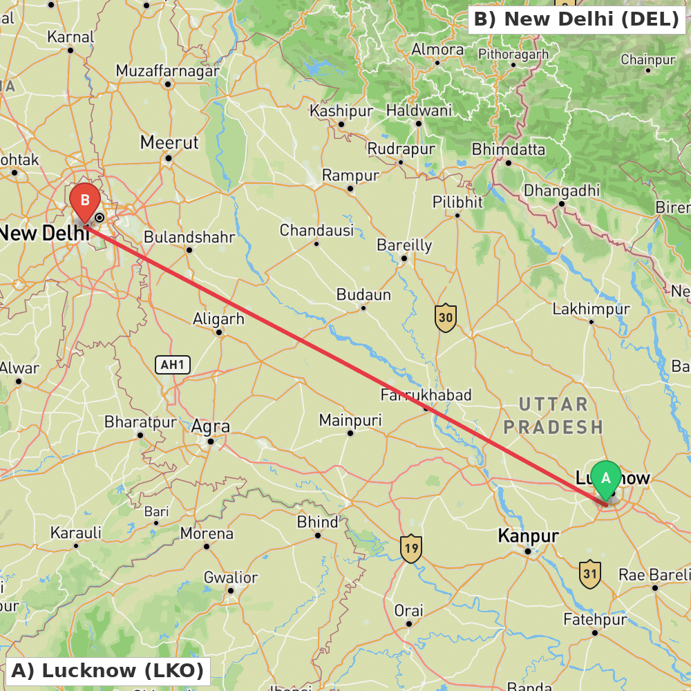 Flight route map from Lucknow to New Delhi