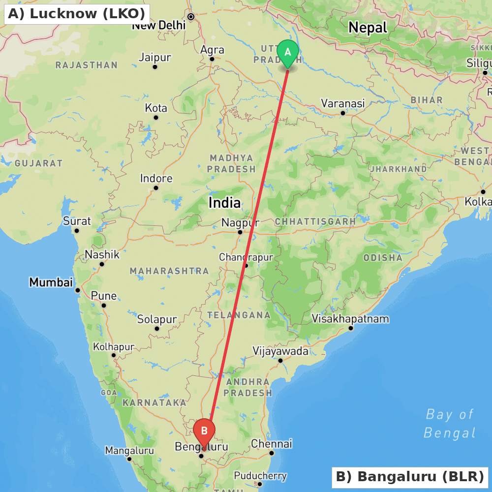 Flight route map from Lucknow to Bangaluru