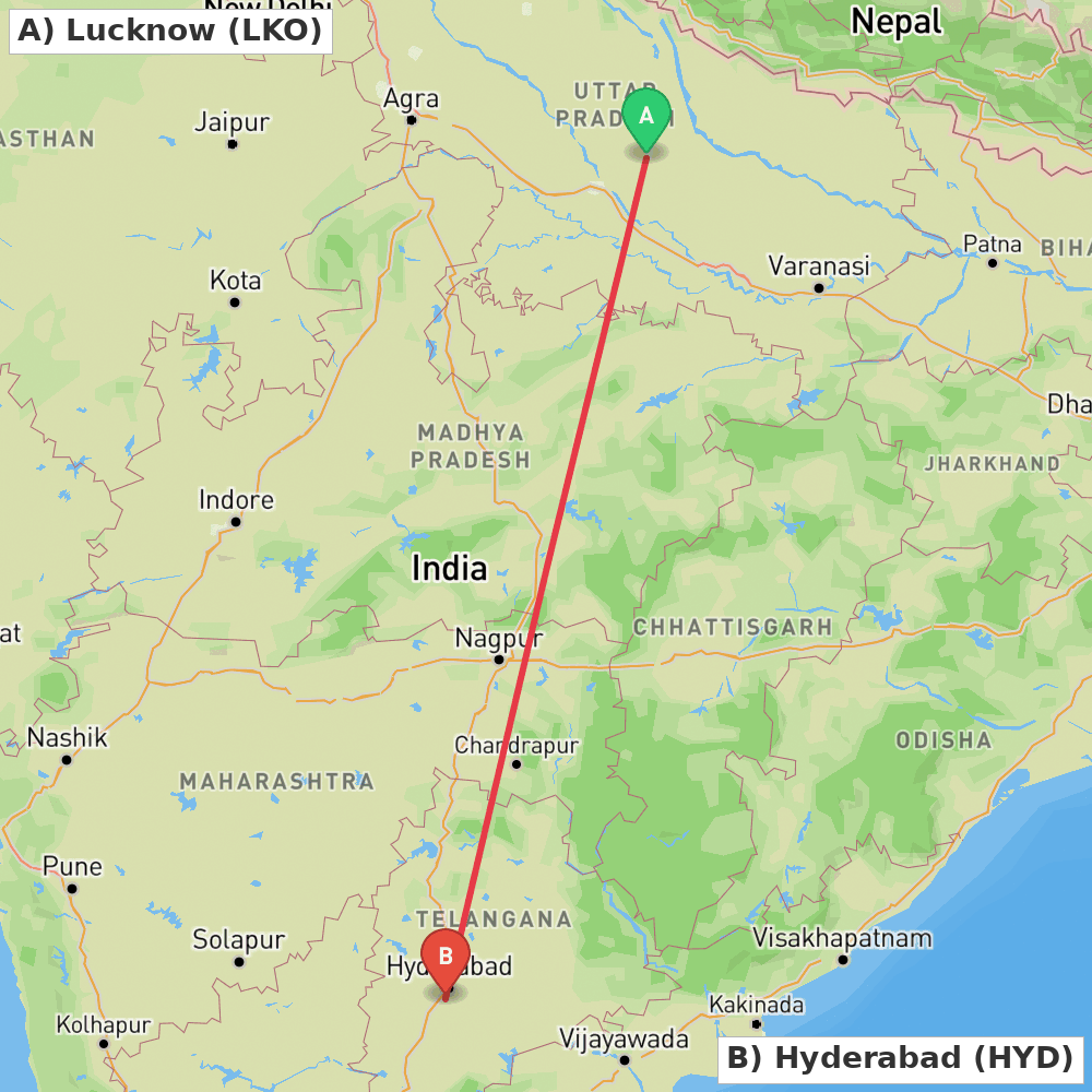 Flight route map from Lucknow to Hyderabad