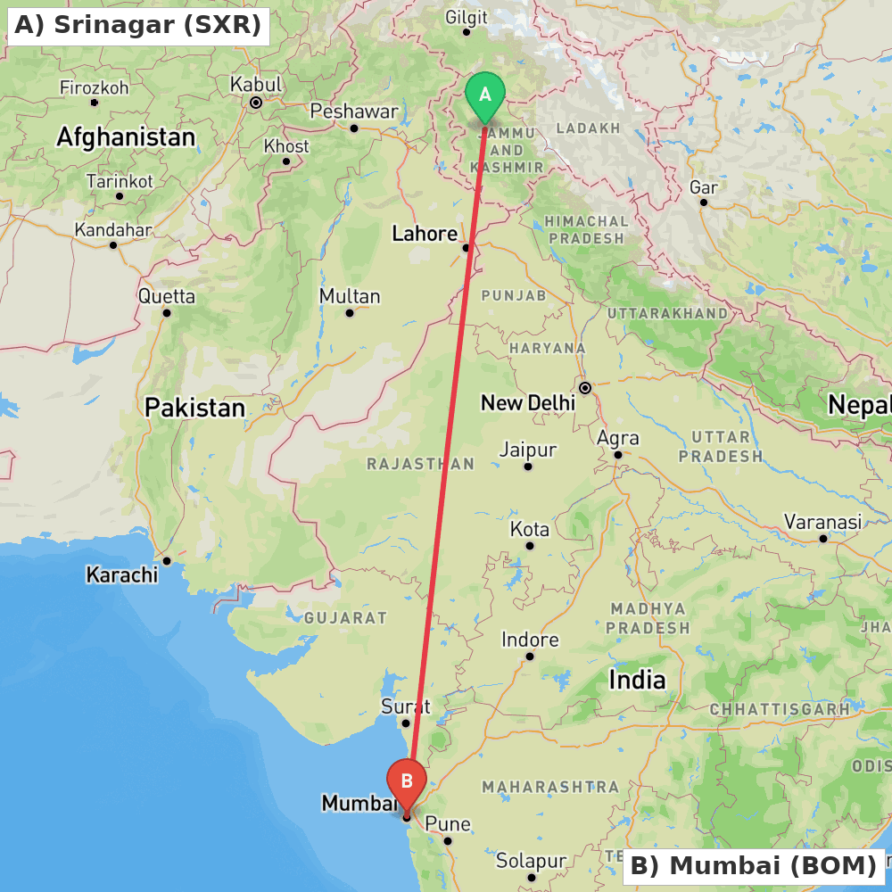 Flight route map from Srinagar to Mumbai
