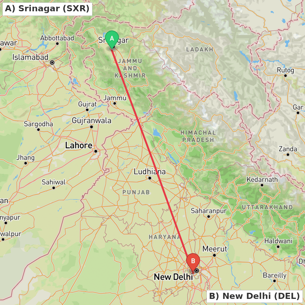 Flight route map from Srinagar to New Delhi