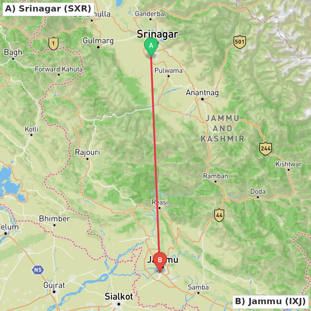 Flight route map from Srinagar to Jammu