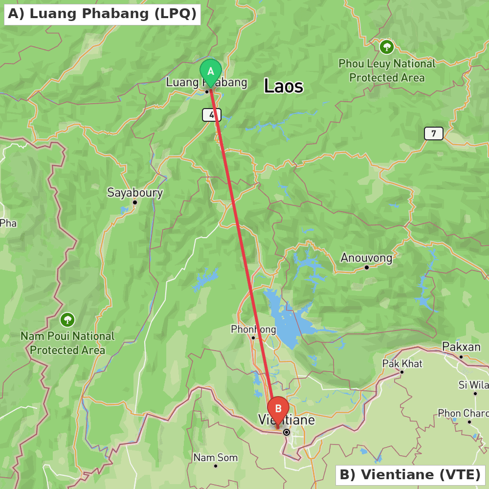 Flight route map from Luang Phabang to Vientiane