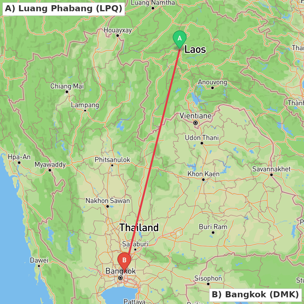 Flight route map from Luang Phabang to Bangkok