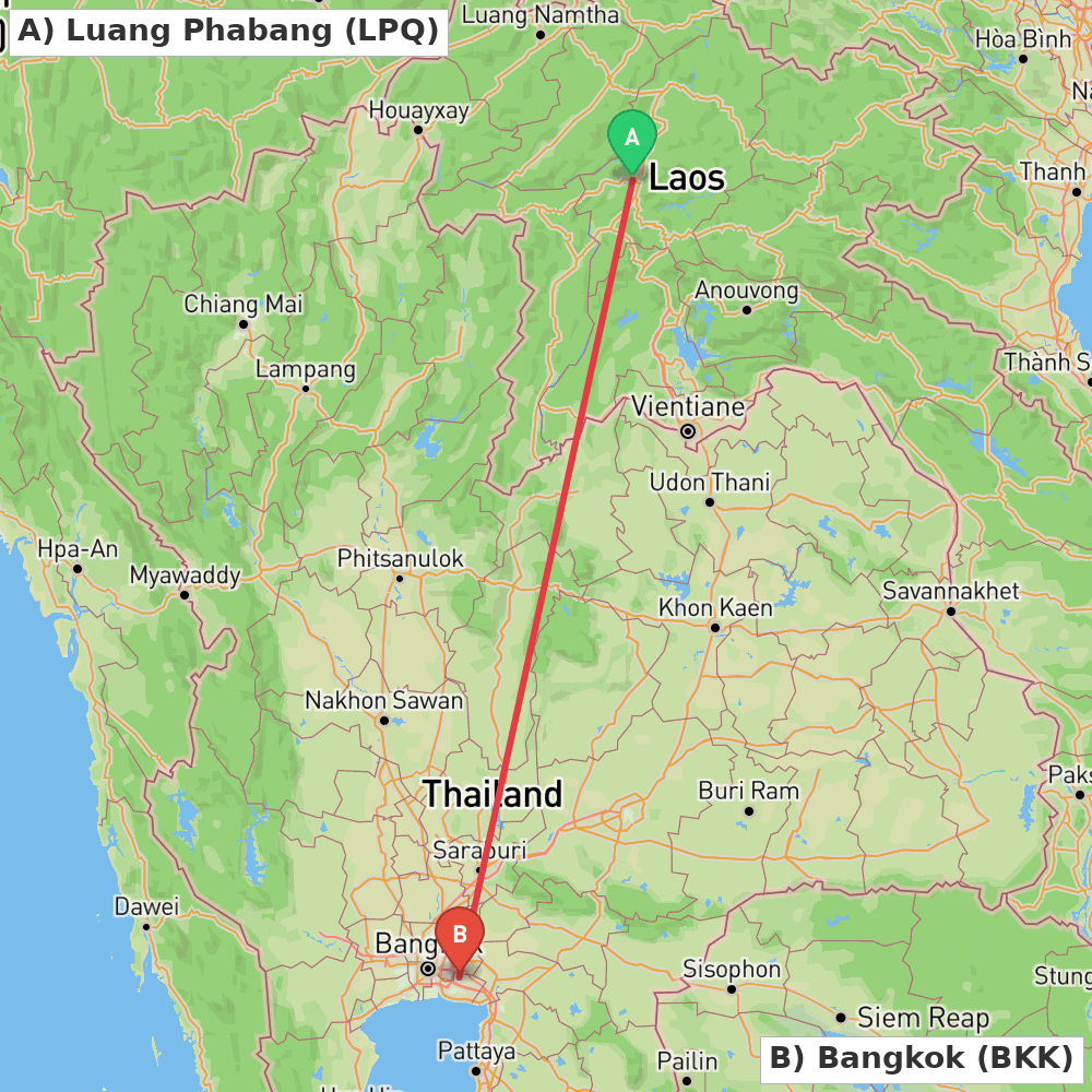 Flight route map from Luang Phabang to Bangkok
