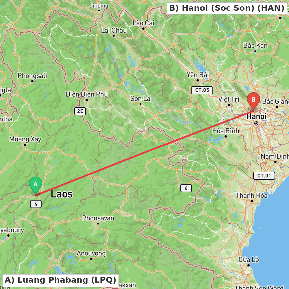 Flight route map from Luang Phabang to Hanoi (Soc Son)