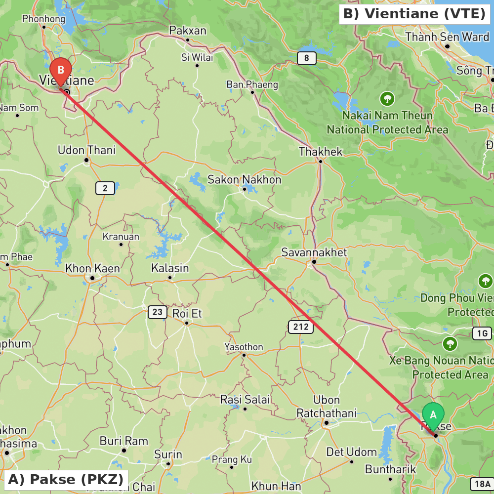 Flight route map from Pakse to Vientiane