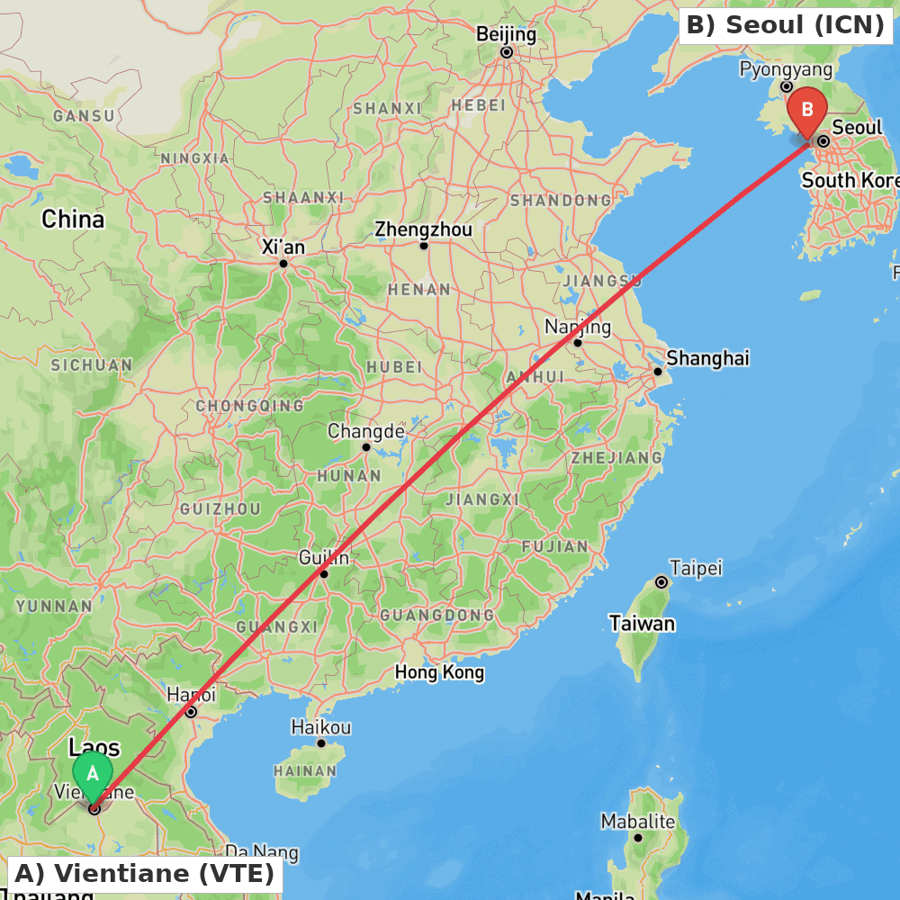 Flight route map from Vientiane to Seoul