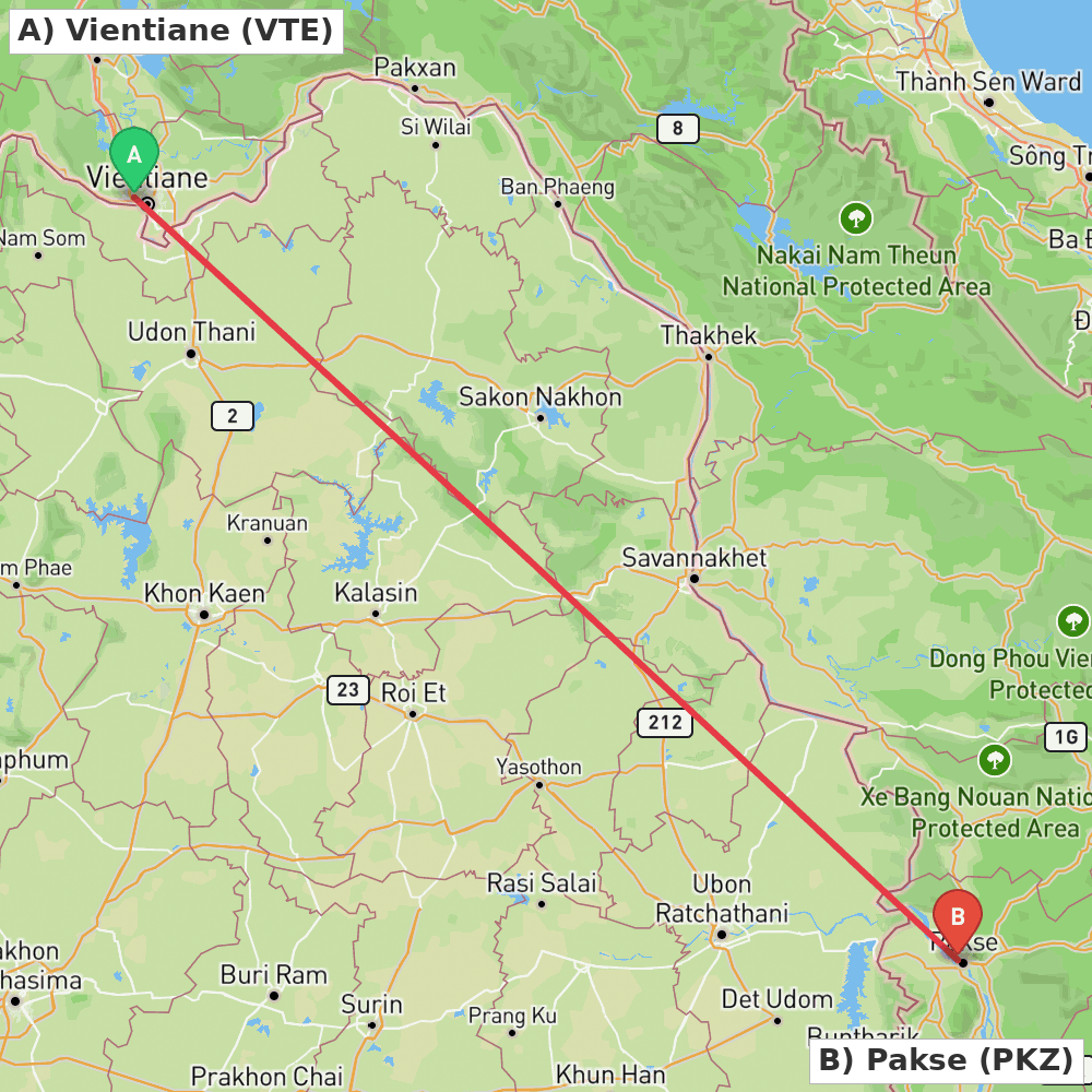 Flight route map from Vientiane to Pakse
